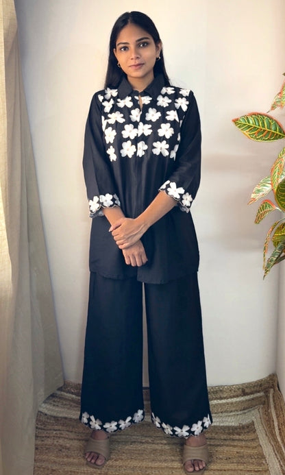 Black Co-Ord Set with White Floral Embroidery