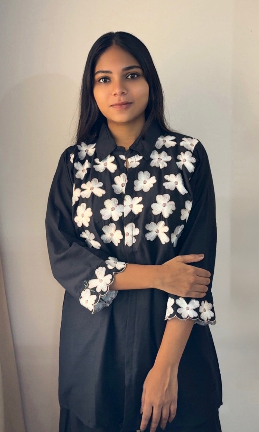 Black Co-Ord Set with White Floral Embroidery