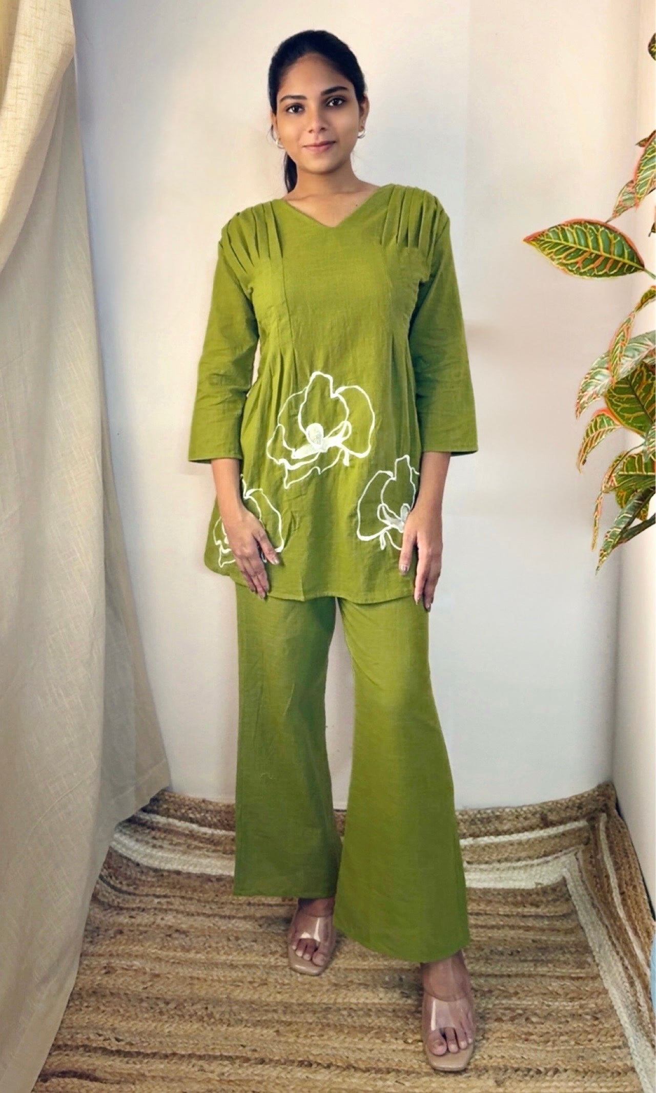 Green Peplum Style Floral Embroidered Co-Ord Set
