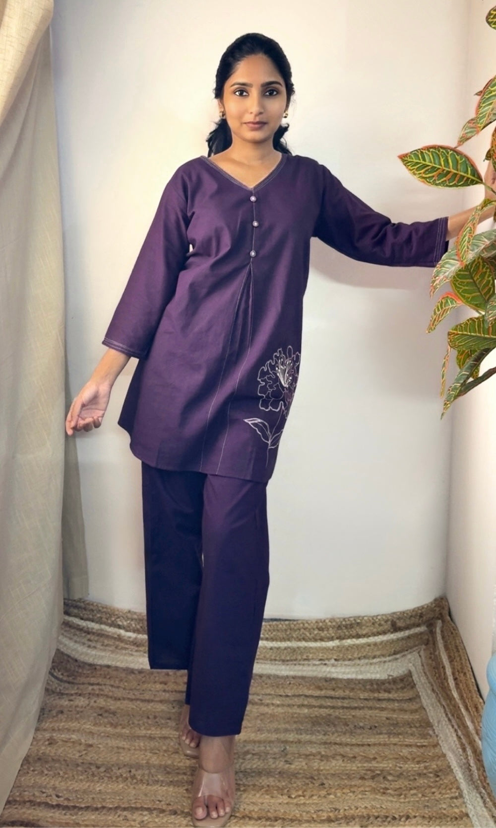 Violet Minimal Floral Embroidery Co-Ord Set
