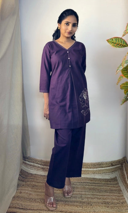 Violet Minimal Floral Embroidery Co-Ord Set