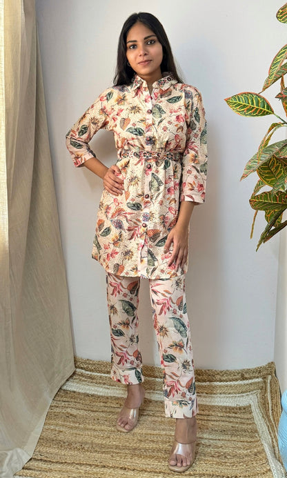 Beige Floral Kurta Palazzo Co-Ord Set with Belt