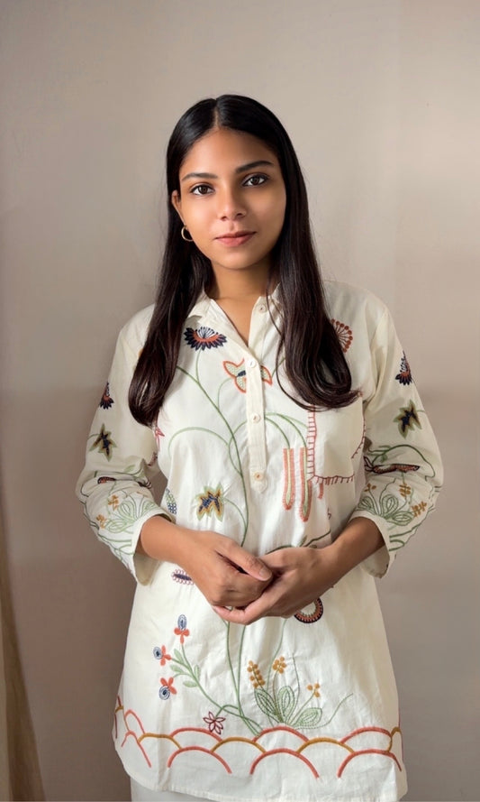 Off White Floral Embroidered Co-ord Set with Collared Neckline