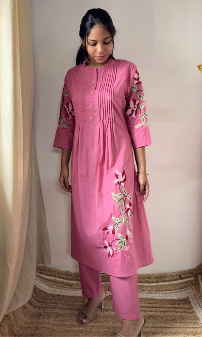 Pink Cotton Pleated Kurta palazzo Co-ord set with Floral Embroidered Sleeves