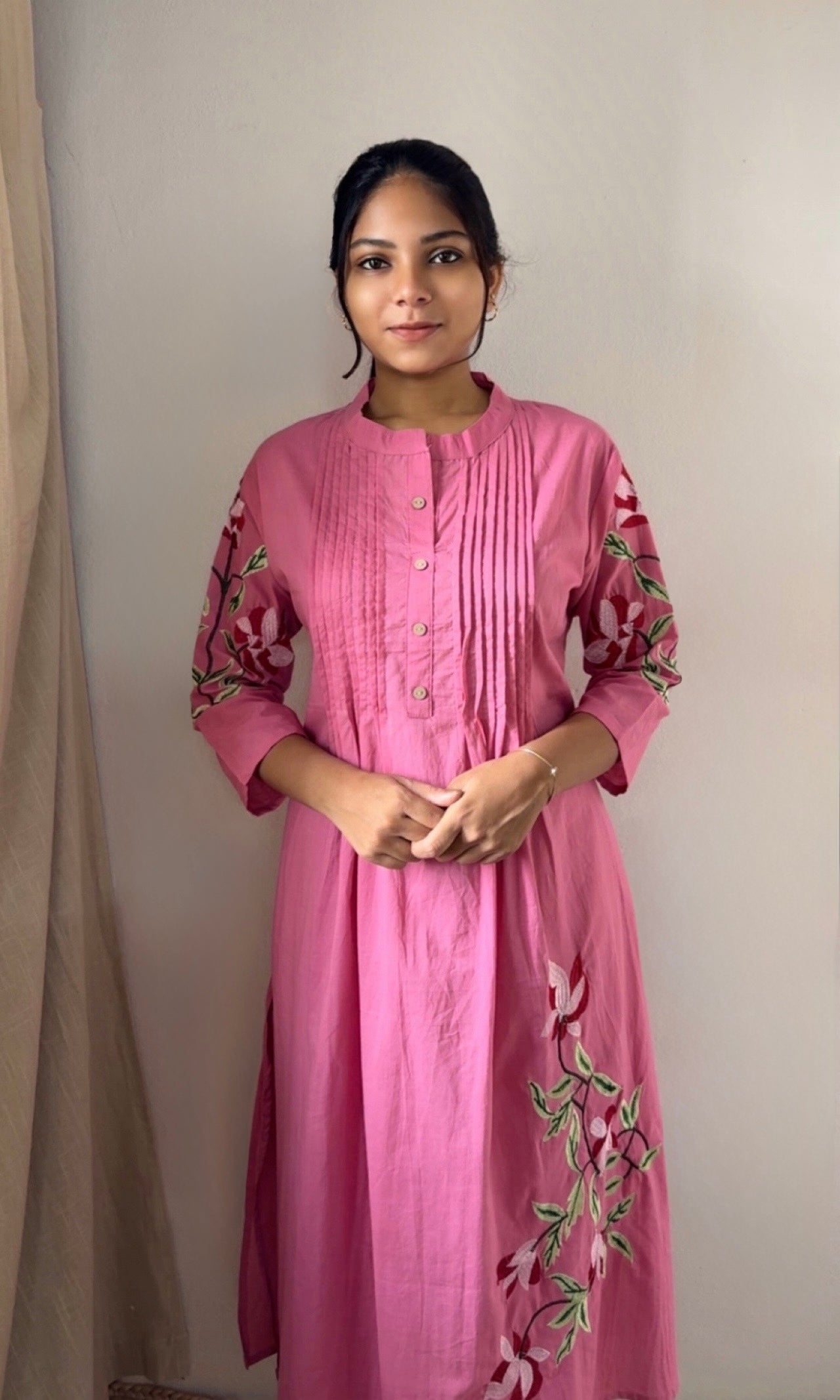 Pink Cotton Pleated Kurta palazzo Co-ord set with Floral Embroidered Sleeves