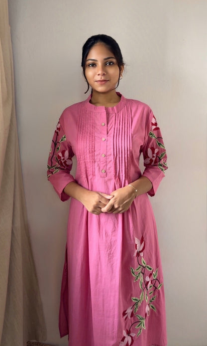 Pink Cotton Pleated Kurta palazzo Co-ord set with Floral Embroidered Sleeves