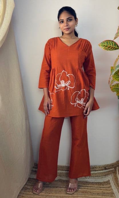 Rust Orange Peplum Style Floral Embroidered Co-Ord Set