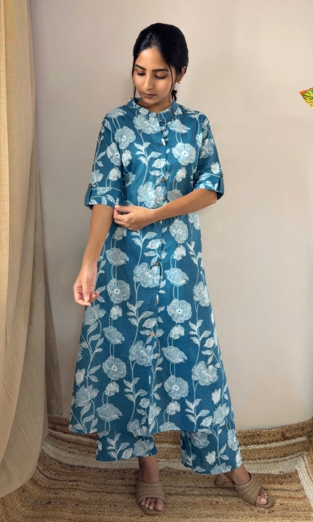 Blue-White Floral Kurta Palazzo Co-ord Set