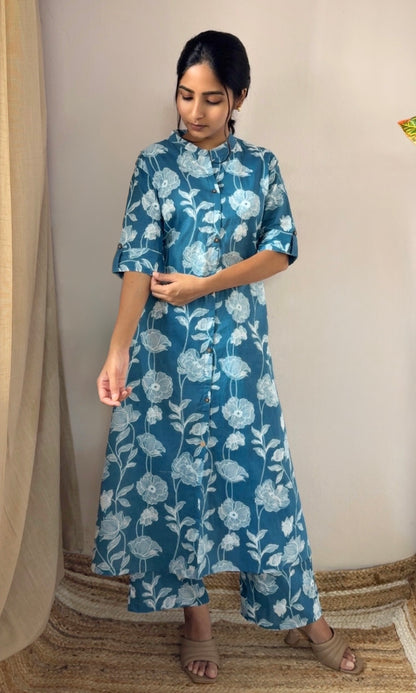 Blue-White Floral Kurta Palazzo Co-ord Set