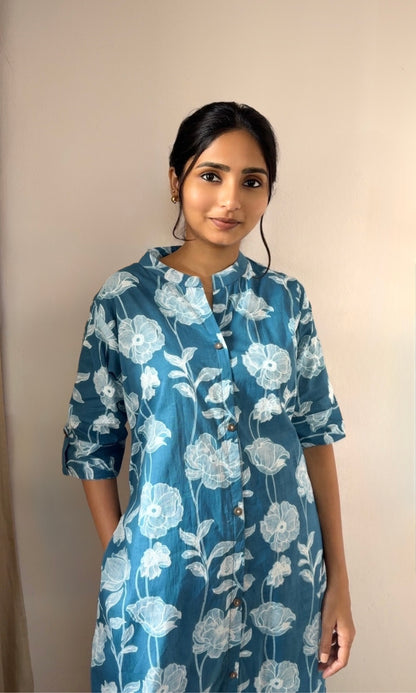 Blue-White Floral Kurta Palazzo Co-ord Set