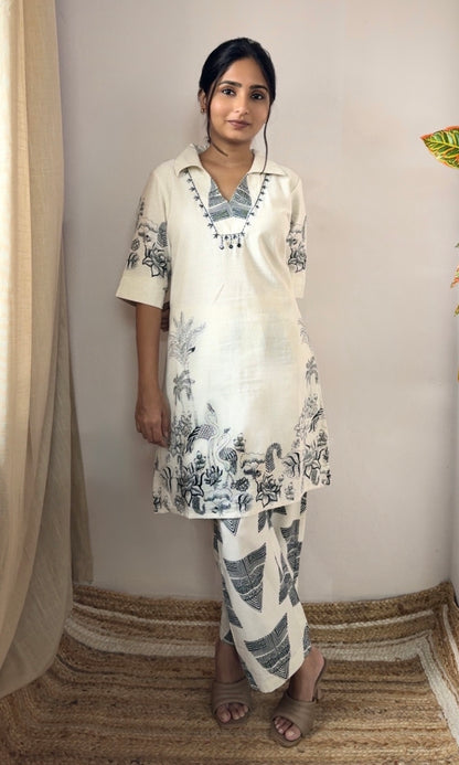 Off White Block Print Kurta Palazzo Co-ord Set