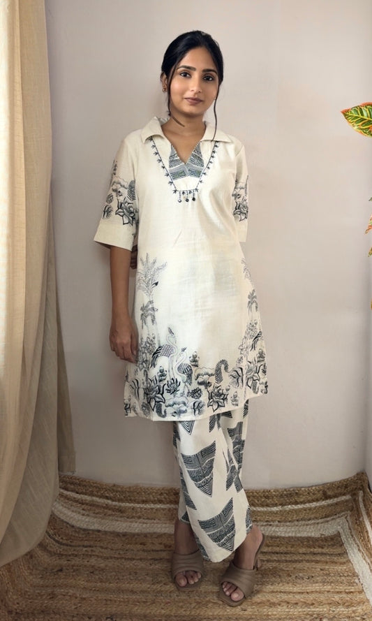 Off White Block Print Kurta Palazzo Co-ord Set