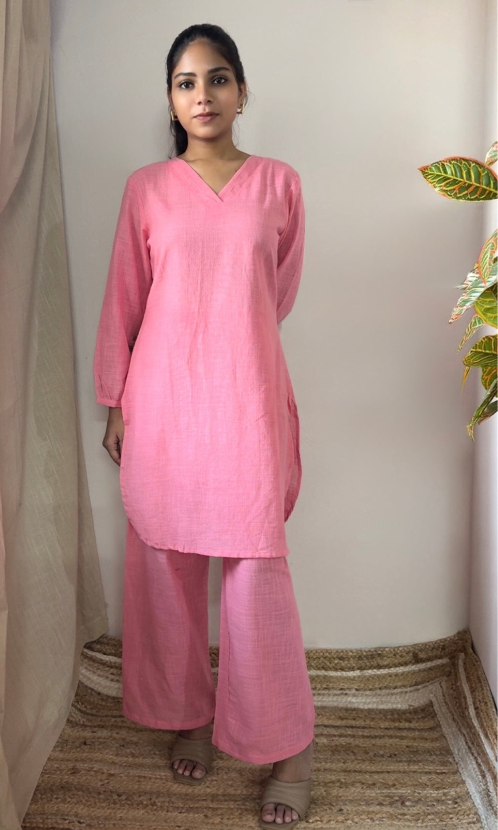 Plain Pink Cotton Kurta Palazzo Co-ord set with V-Neckline