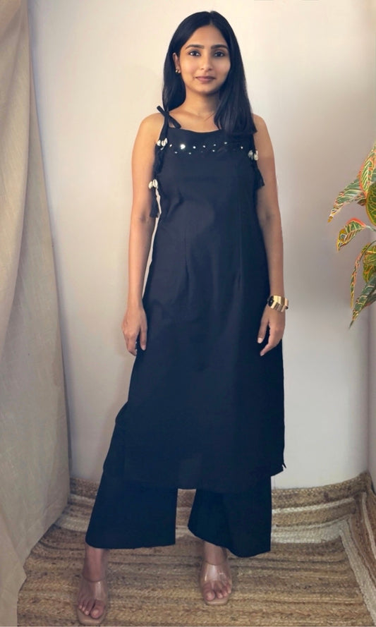 Black Spaghetti Pattern Kurta Palazzo Co-ord Set