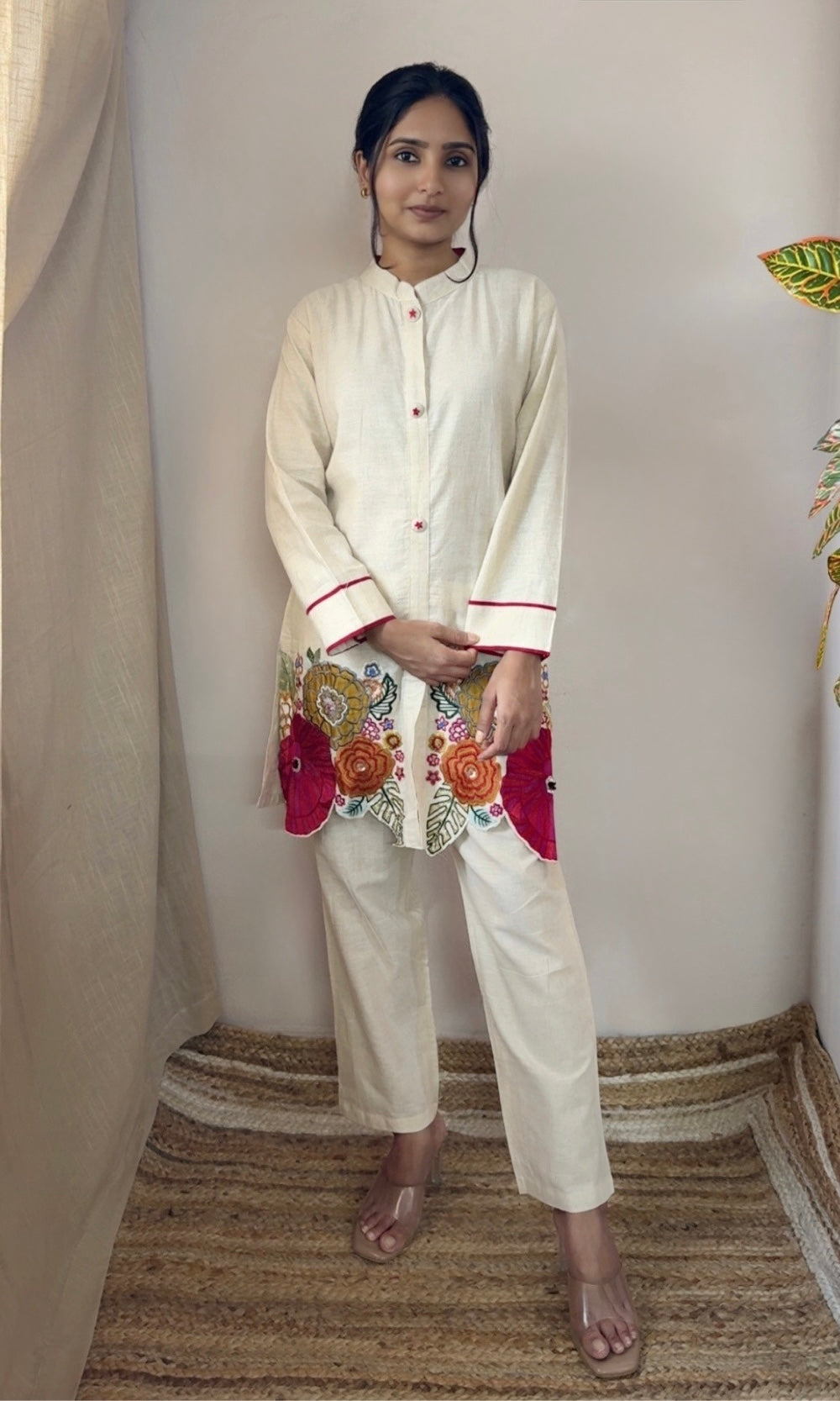 Off White Kurta Palazzo Co-Ord Set with Multi Coloured Floral Embroidery