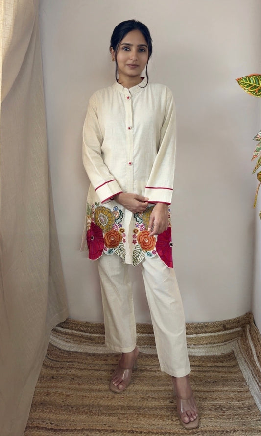 Off White Kurta Palazzo Co-Ord Set with Multi Coloured Floral Embroidery