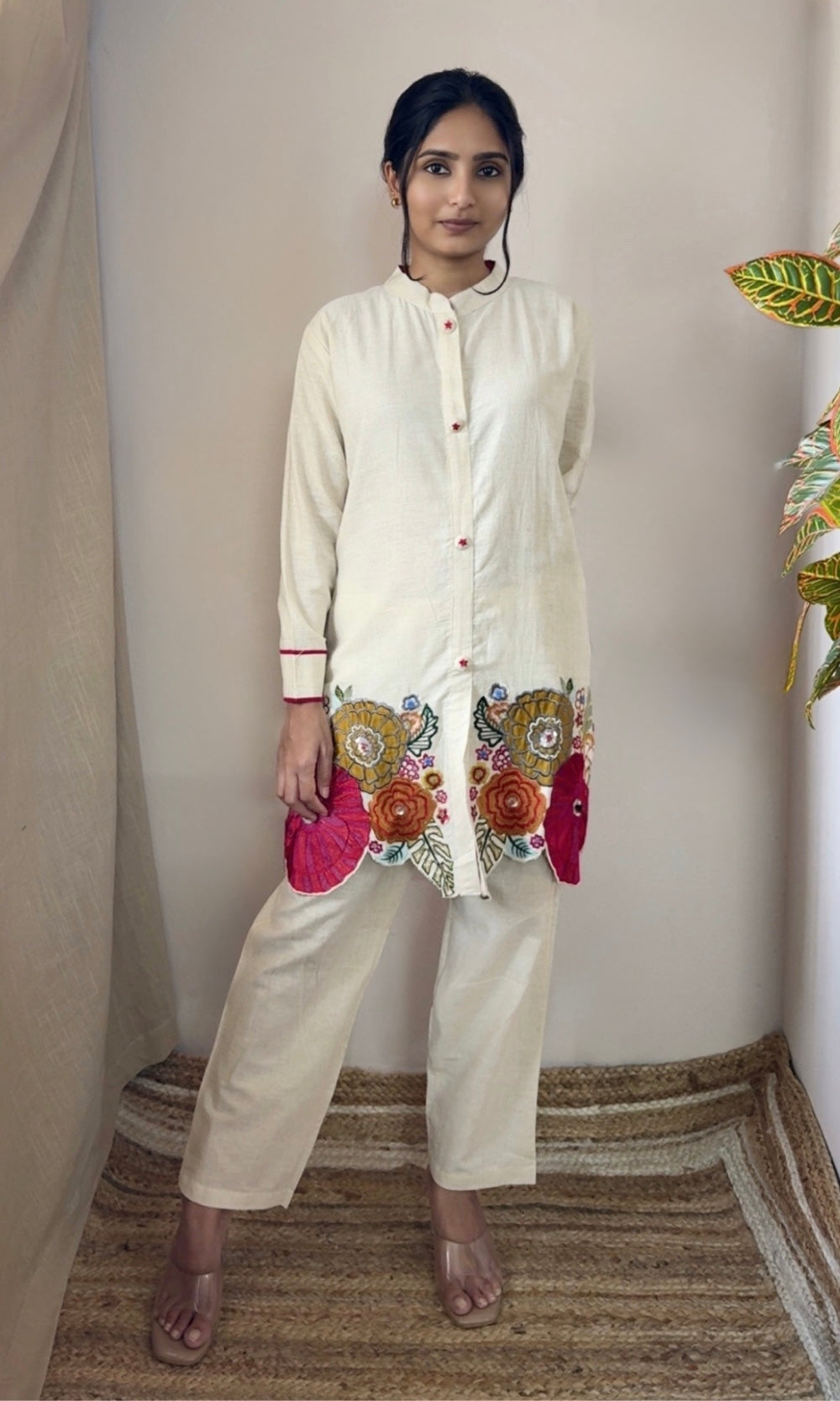 Off White Kurta Palazzo Co-Ord Set with Multi Coloured Floral Embroidery