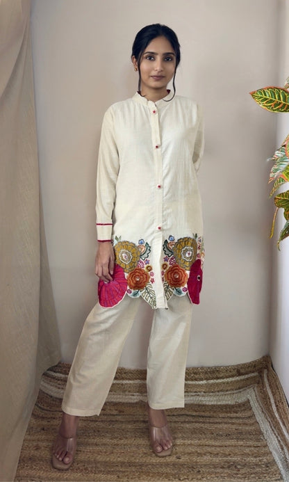Off White Kurta Palazzo Co-Ord Set with Multi Coloured Floral Embroidery
