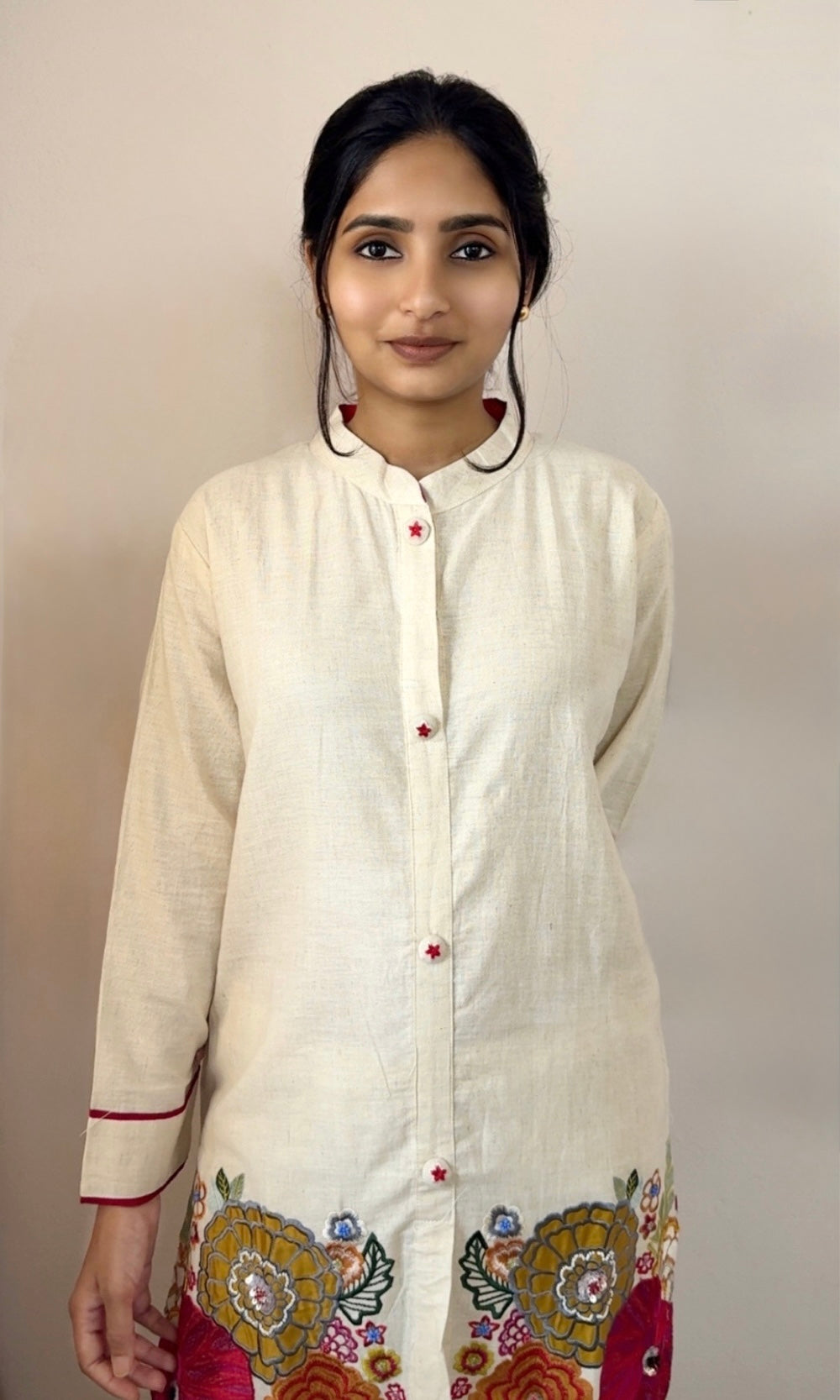 Off White Kurta Palazzo Co-Ord Set with Multi Coloured Floral Embroidery