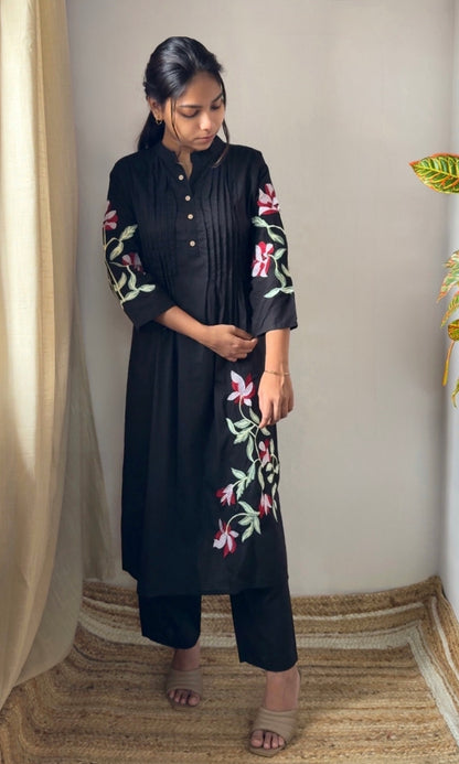 Black Cotton Pleated Kurta Palazzo Co-ord set with Floral Embroidered Sleeves