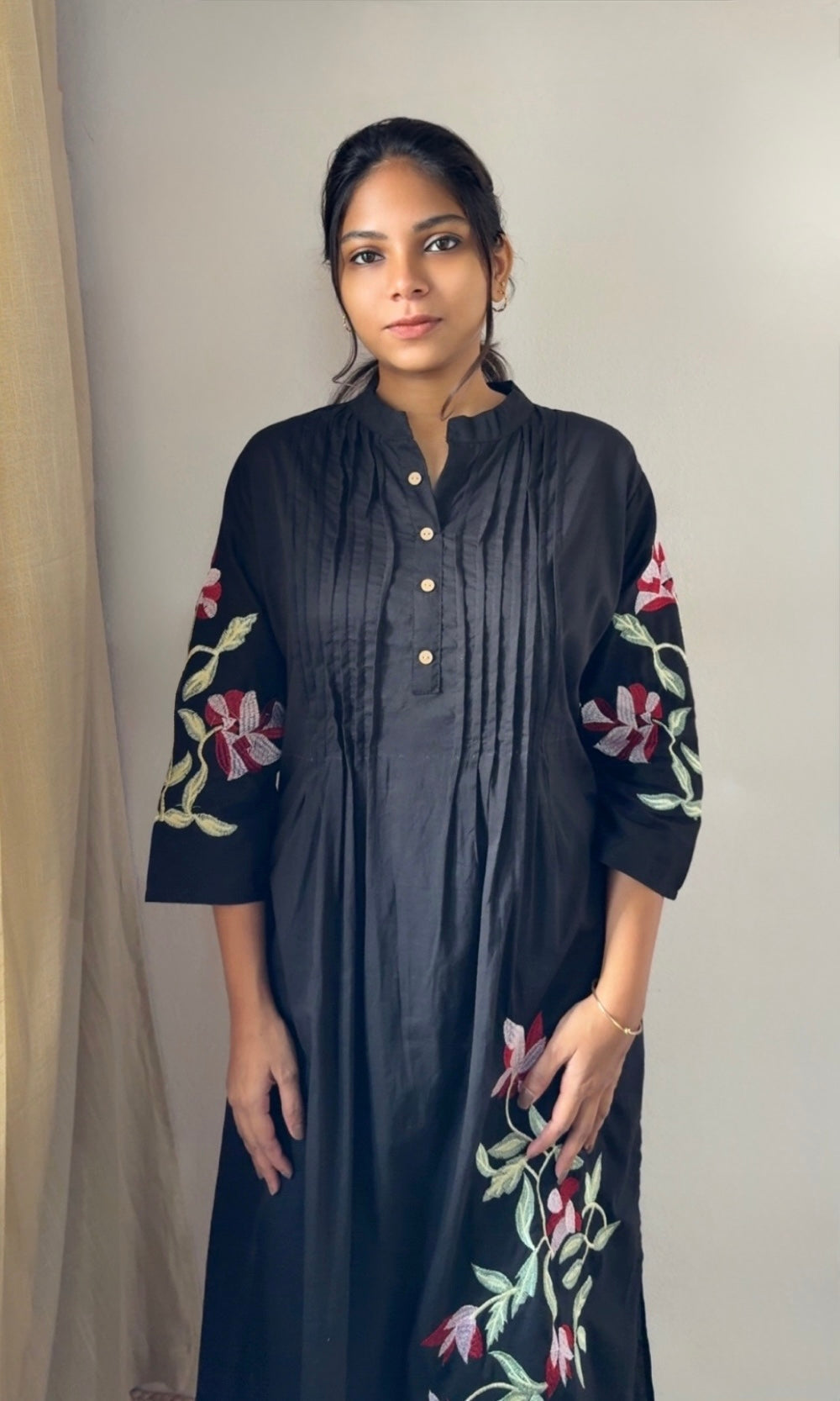 Black Cotton Pleated Kurta Palazzo Co-ord set with Floral Embroidered Sleeves