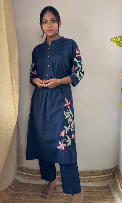 Dark Blue Cotton Pleated Kurta Palazzo Co-ord set with Floral Embroidered Sleeves