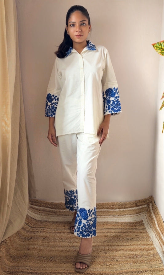 White - Blue Floral Embroidered Co-Ord Set