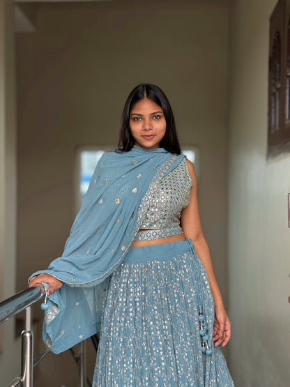 Blue Mirror & Sequin Embroidered Lehenga Set