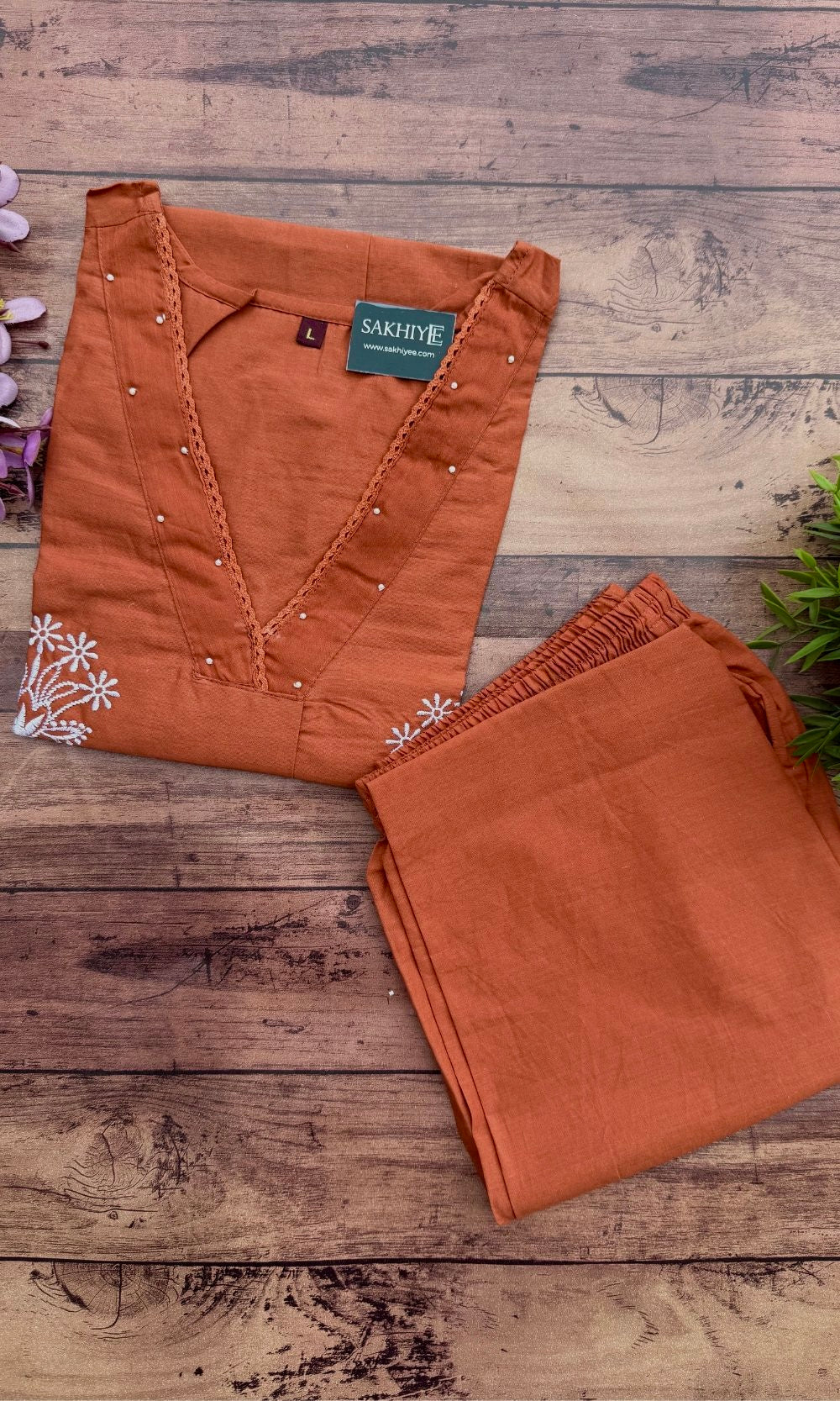 V-Neckline Rust Orange Cotton Embroidered Kurta Palazzo Co-ord Set