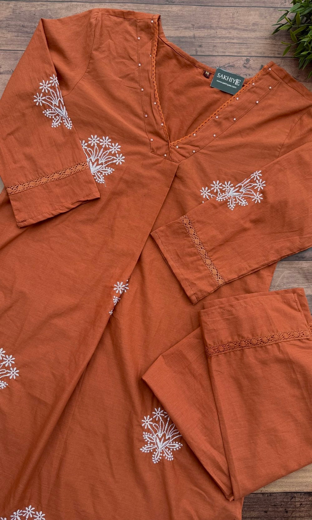 V-Neckline Rust Orange Cotton Embroidered Kurta Palazzo Co-ord Set