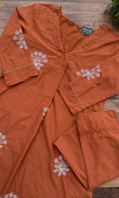 V-Neckline Rust Orange Cotton Embroidered Kurta Palazzo Co-ord Set