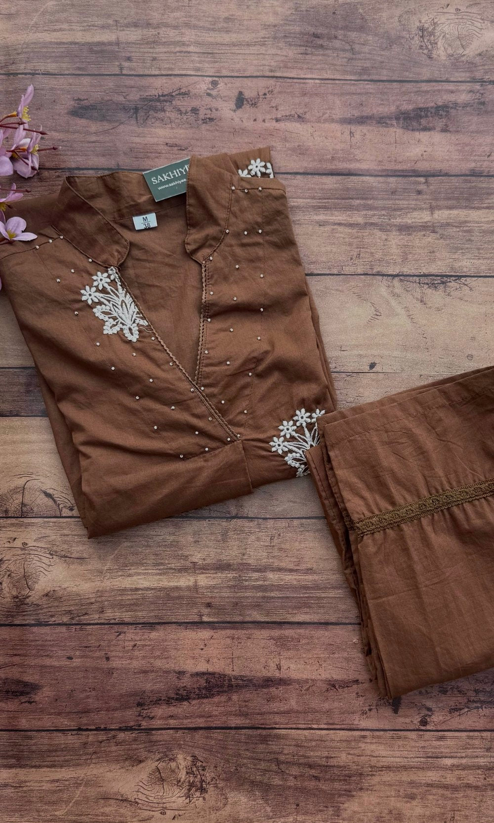 Brown Cotton Embroidered Kurta Palazzo Co-ord Set with V-Neckline