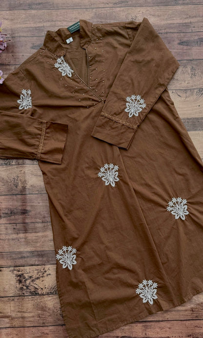 Brown Cotton Embroidered Kurta Palazzo Co-ord Set with V-Neckline