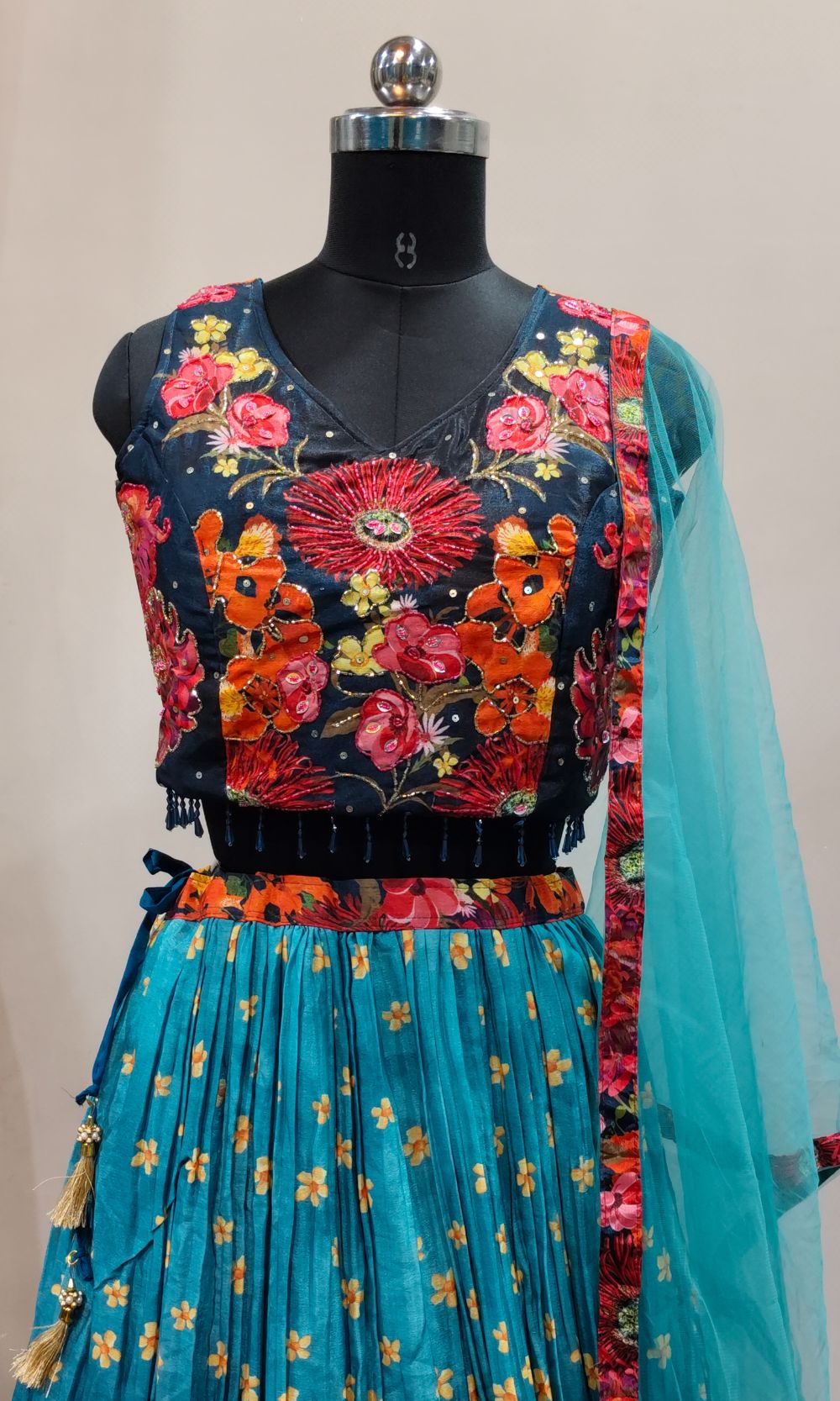 Teal-Blue Floral Lehenga Set
