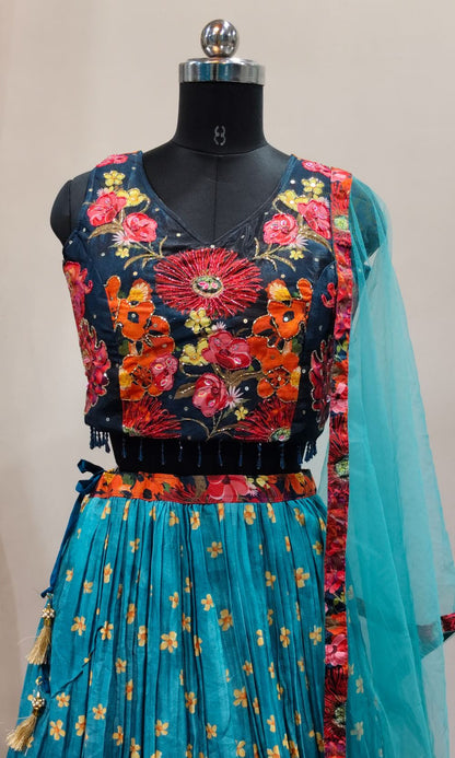 Teal-Blue Floral Lehenga Set
