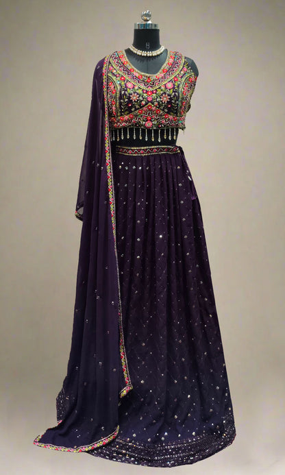 Deep-Purple Georgette Lehenga Set