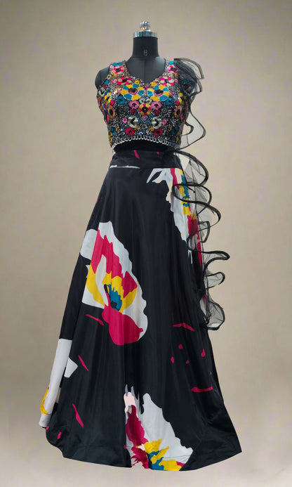Black Multi-colour Floral Print Lehenga Set