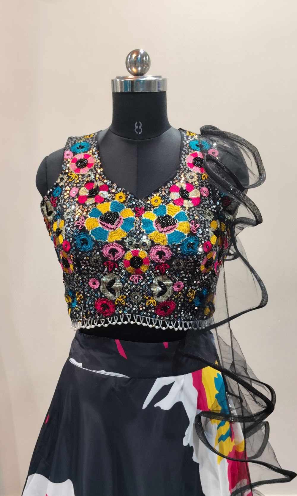 Black Multi-colour Floral Print Lehenga Set