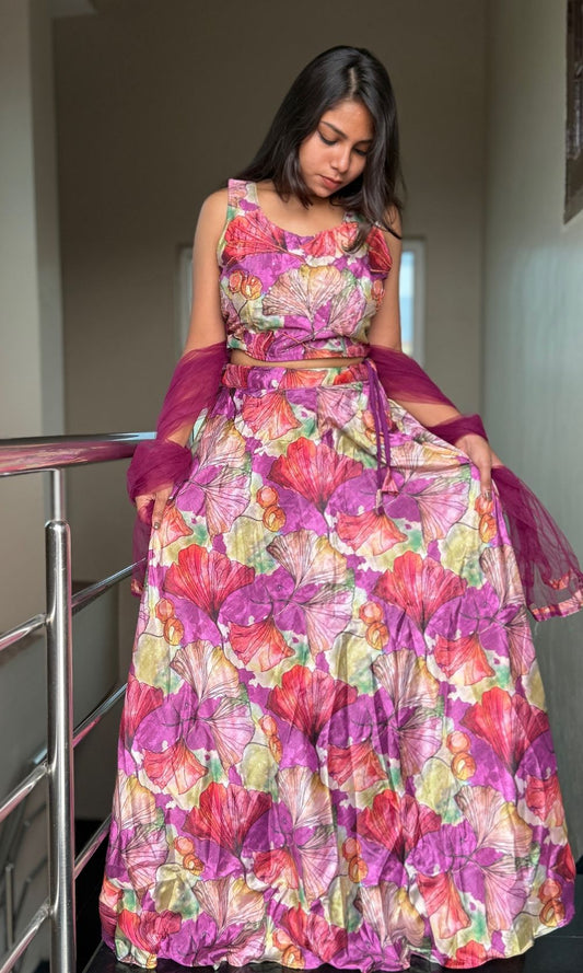 Multi-colour Organza Floral Printed Lehenga Set