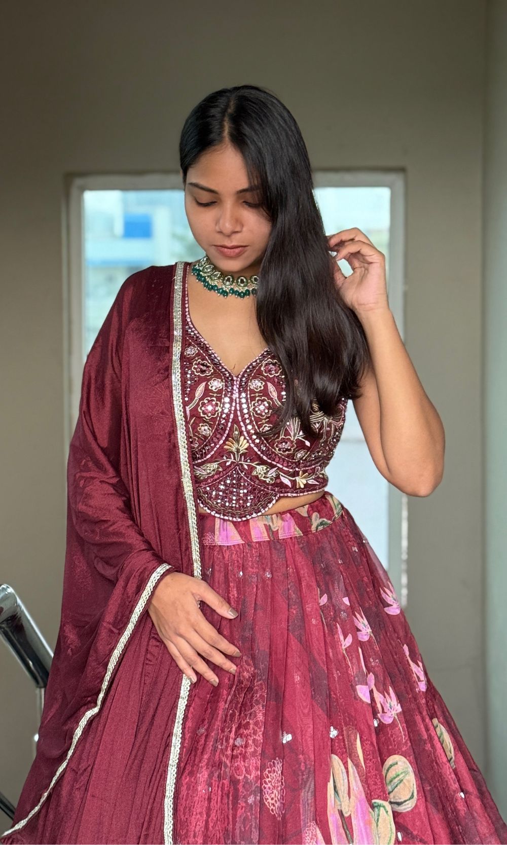 Wine-Brown Floral Printed Lehenga Set