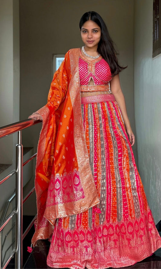 Pink-Orange Banarasi Lehenga Set