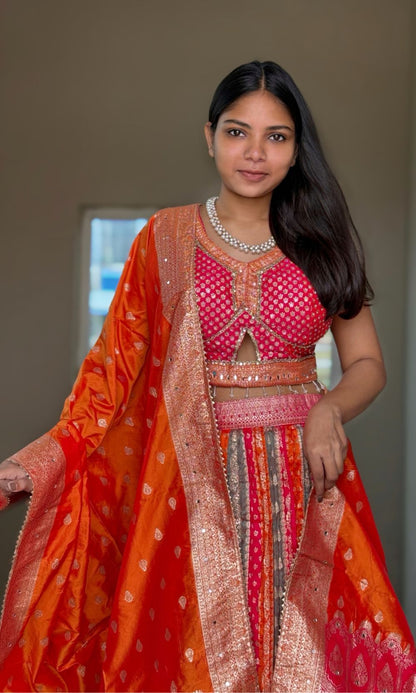 Pink-Orange Banarasi Lehenga Set