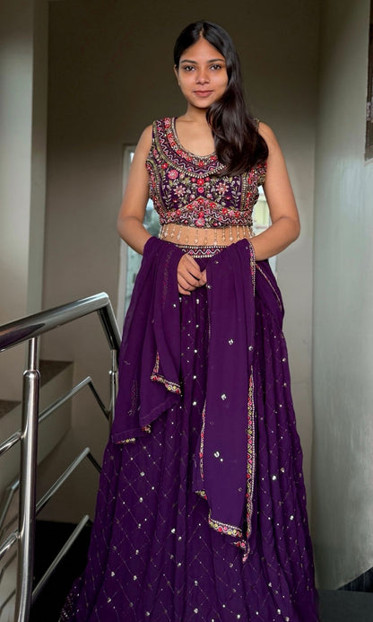Deep-Purple Georgette Lehenga Set