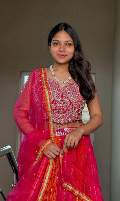 Pink-Orange Embroided Lehenga Set