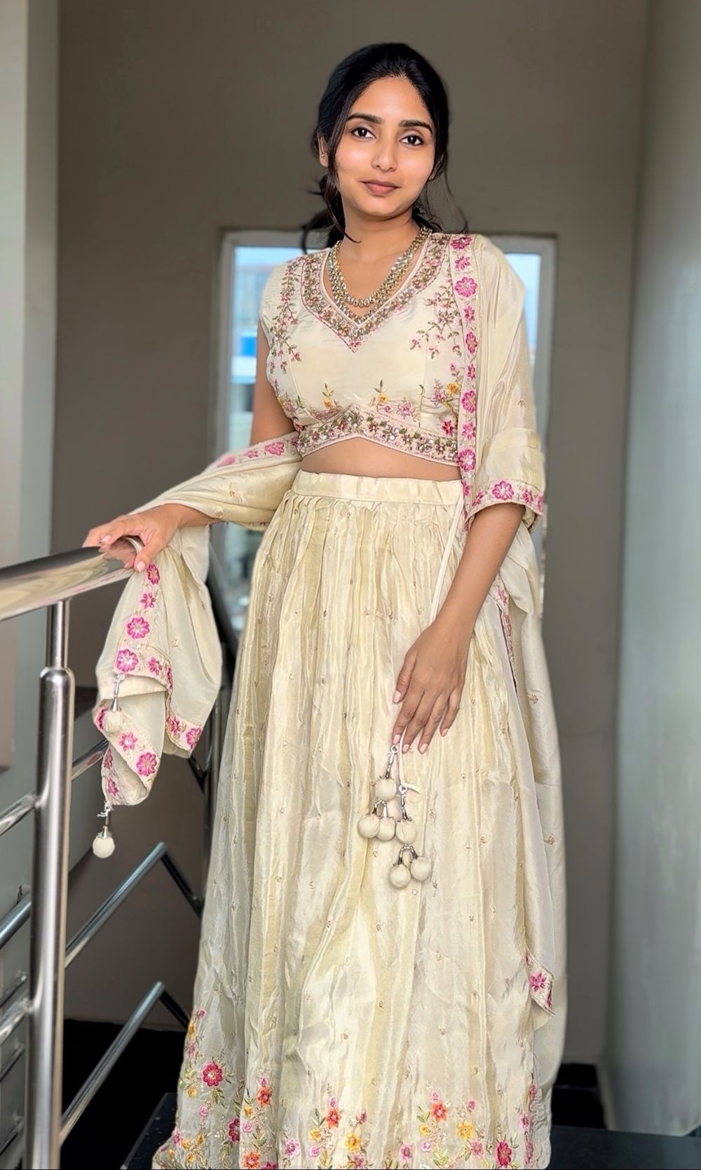 Pearl-White Floral Embroidered Lehenga Set