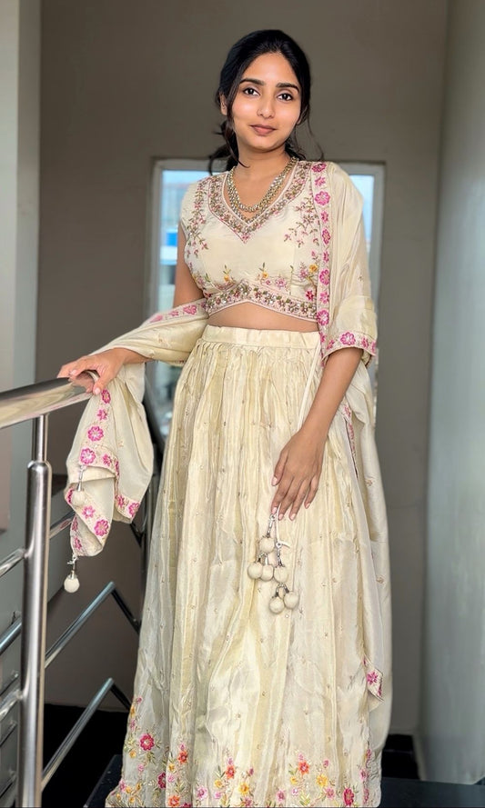 Pearl-White Floral Embroidered Lehenga Set