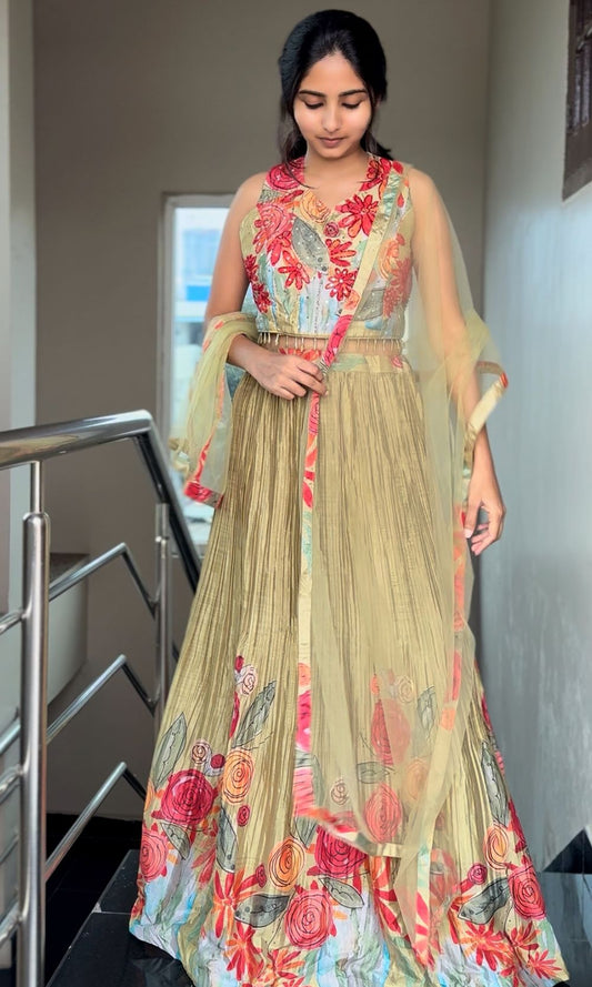 Green Floral-Print Pleated Lehenga Set