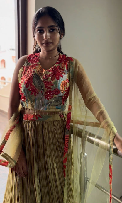 Green Floral-Print Pleated Lehenga Set