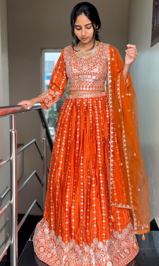 Orange Embroidered Lehenga Set