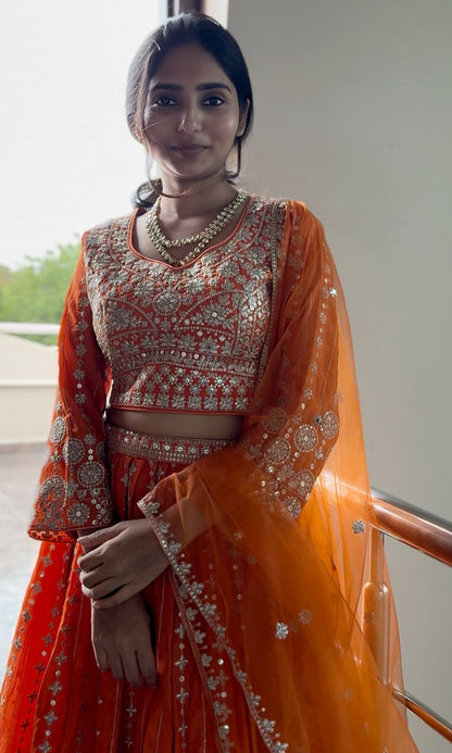 Orange Embroidered Lehenga Set